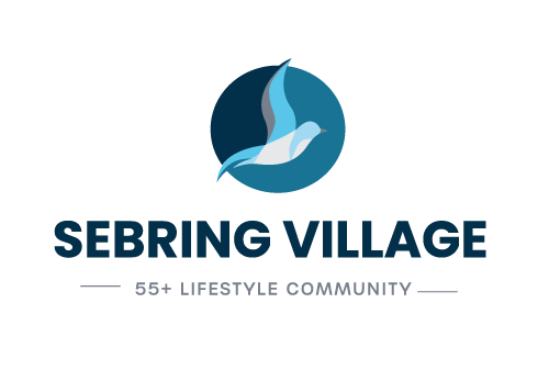 Logo for Sebring Village, a 55+ lifestyle community, featuring a stylized blue and white bird inside a circle above the community name and tagline.