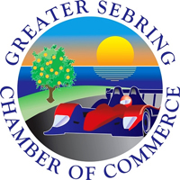 Logo of the Greater Sebring Chamber of Commerce featuring a race car, an orange tree, and a sunset over water, encircled by the organization's name.